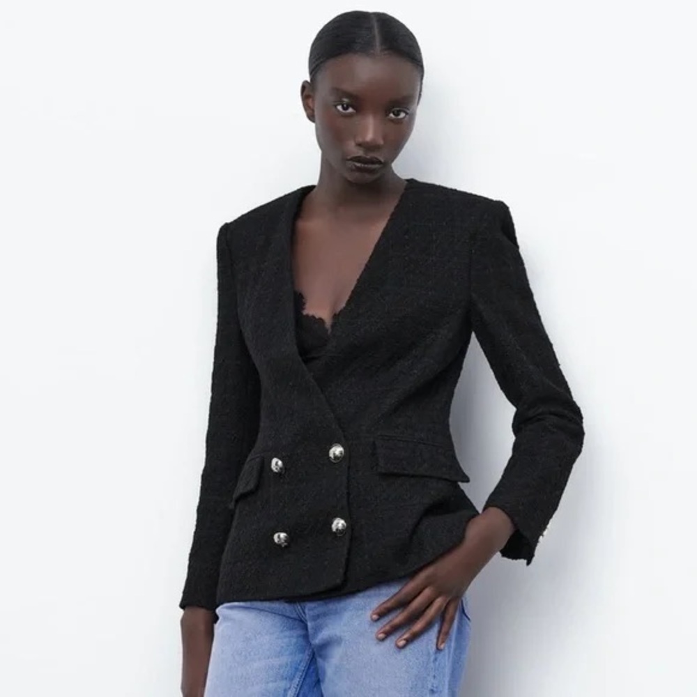 Zara Black Tweed Jacket with gold buttons and shoulder pads